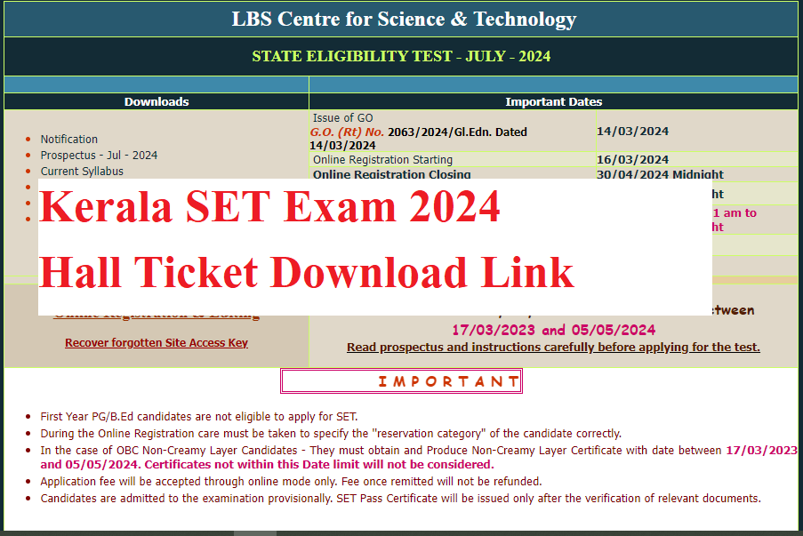 Kerala SET Hall Ticket Download 2024