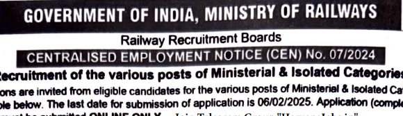 RRB Ministerial and Isolated Categories Recruitment 2024